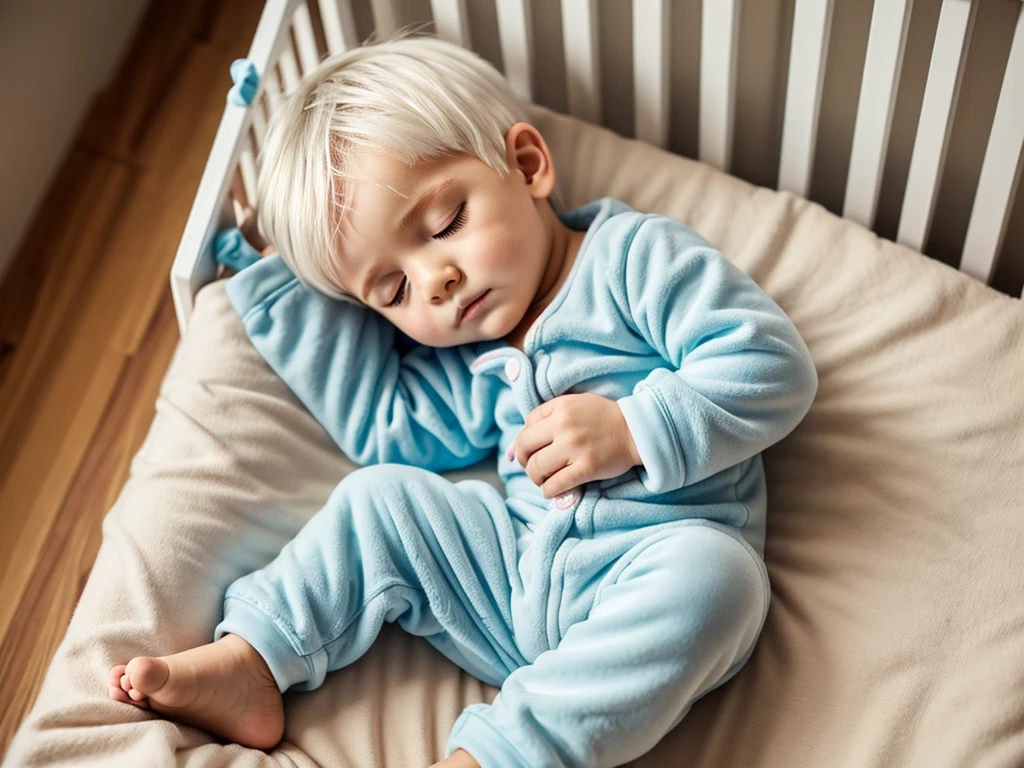 an anime image of a small boy with white hair wearing a thick diaper underneath a onesie pajama, sleeping in a crib, (1boy), masterpiece, extremely detailed, beautiful eyes, sharp focus, vivid colors, studio lighting, intricate details, soft textures, cozy atmosphere