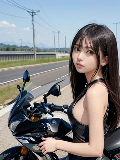 Japanese female, a lot of details, (underweight), 30 years old, detailed black hair, beautiful detailed hair, super fucking beautiful, delicate beautiful face, complex details beautiful and delicate eyes, perfect hands, (flat chest best quality:1.5), perfect and delicate limbs, detailed skin, best quality, ultra-detailed,(YAMAHA motorcycle:1.3),(KAWASAKI motorcycle:1.3),driving side by side on the highway