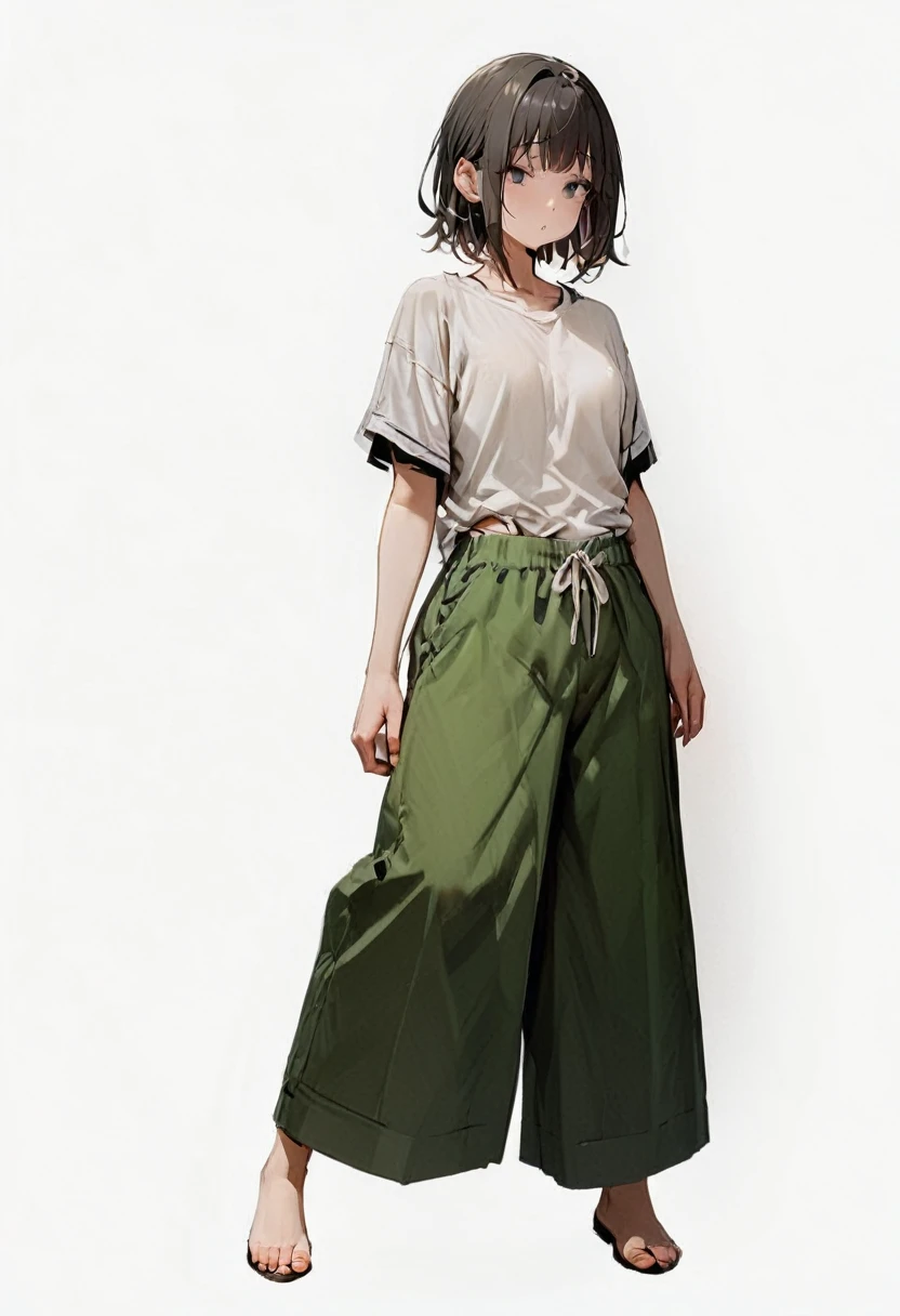 (masterpiece, Highest quality:1.2), girl、alone, Loose-fitting short-sleeved T-shirt, Relaxed wide pants , whole body, Simple Background, White background,