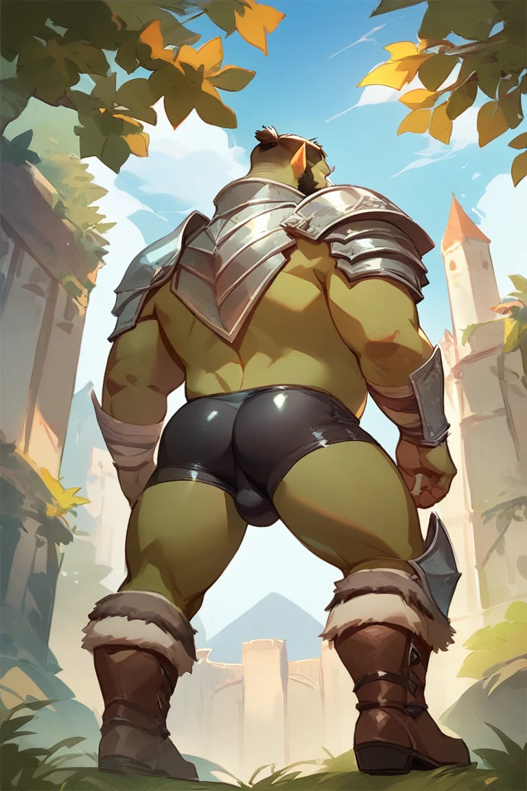 score_9, score_8_up, score_7_up, solo, male focus, chubby male, orc, green skin, tusks, beard, outdoors, armor , shoulder armor, breastplate, day, boots armor , (( black micro tight shorts )) , full body , backside , back side , laying spread legs , low-angle