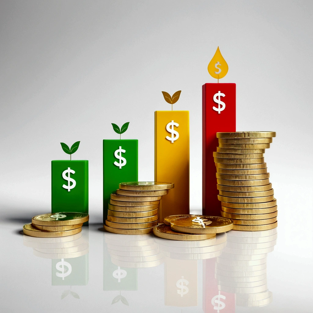 A rising bar graph with money and success icons