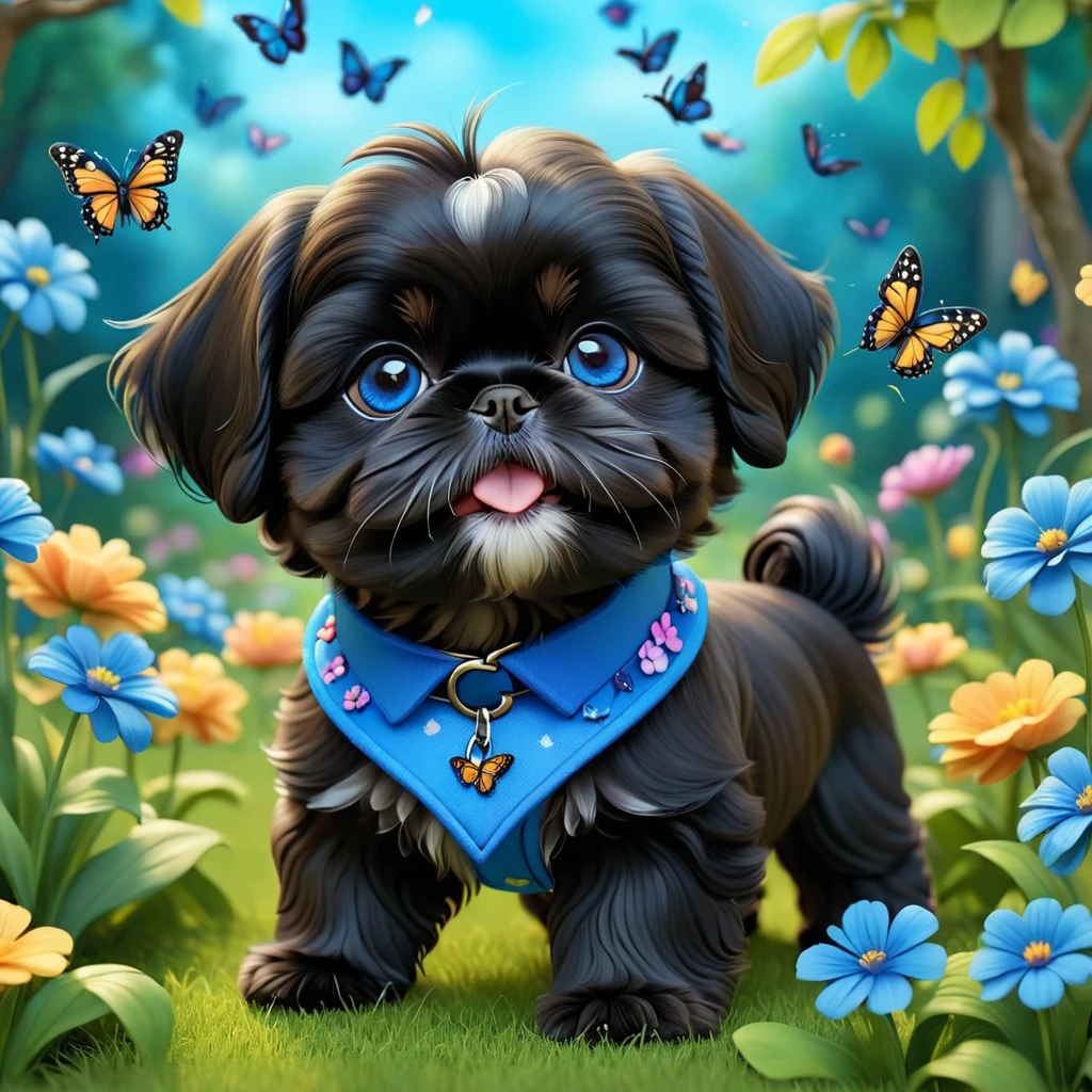 2 adorable small shih black shih tzu puppies wearing blue collars with bright blue eyes playing in park butterflies and flowes in background 3D Pixar style