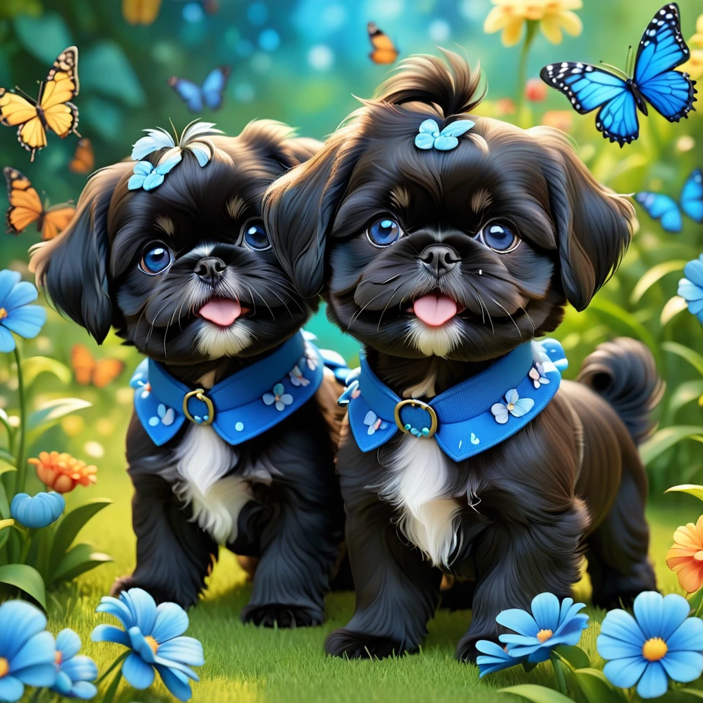 2 adorable small shih black shih tzu puppies wearing blue collars with bright blue eyes playing in park butterflies and flowes in background 3D Pixar style