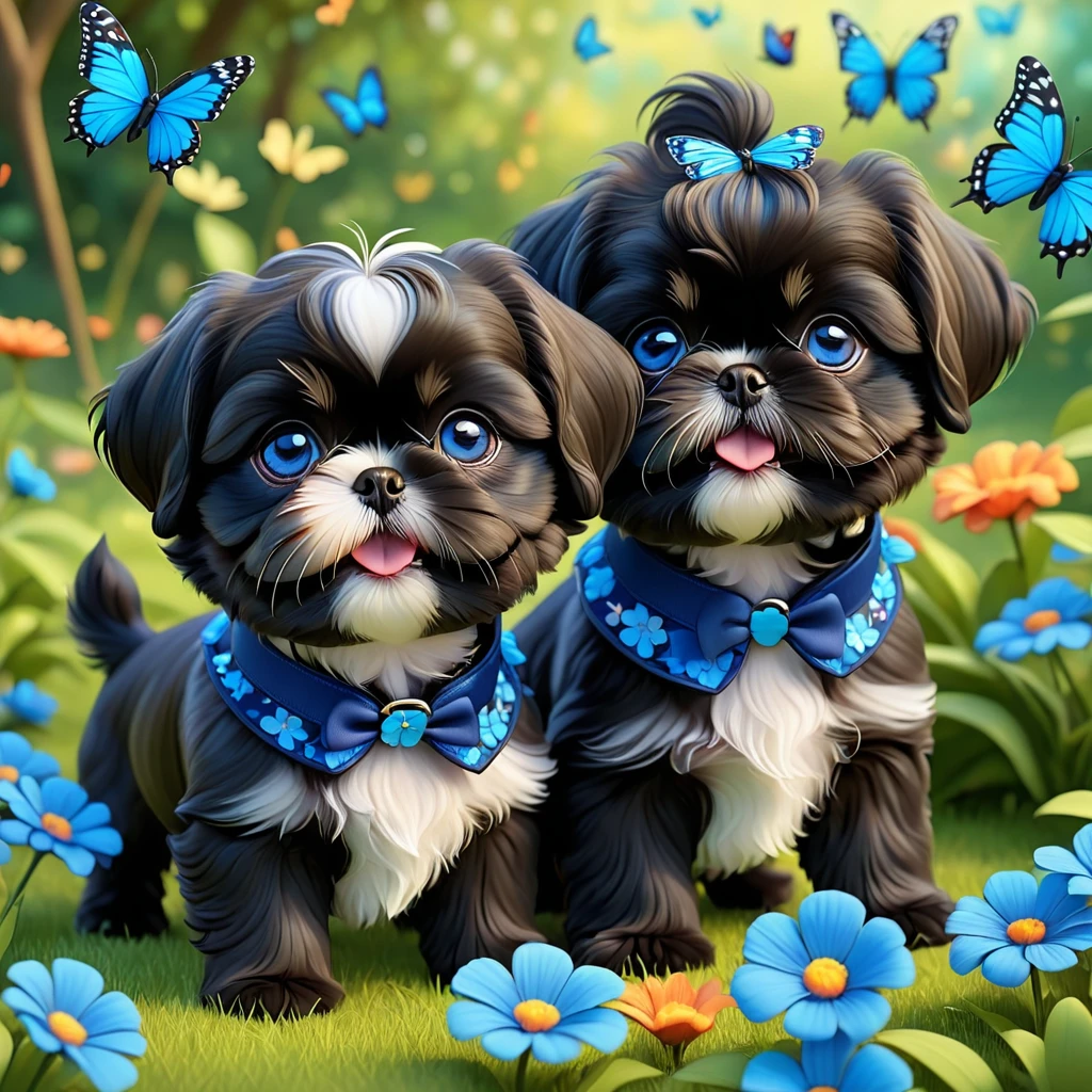 2 adorable small shih black shih tzu puppies wearing blue collars with bright blue eyes playing in park butterflies and flowes in background  3D Pixar style
