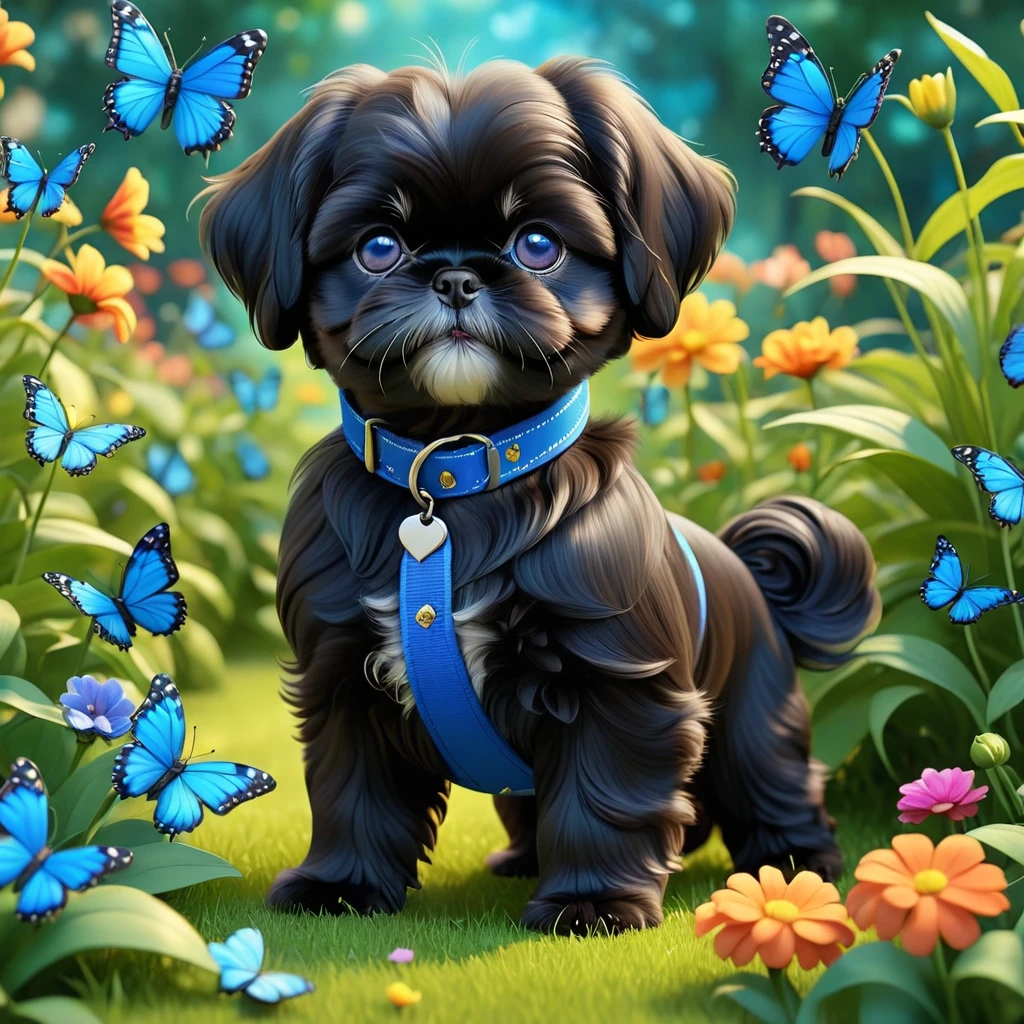 2 adorable small shih black shih tzu puppies wearing blue collars with bright blue eyes playing in park butterflies and flowes in background  3D Pixar style