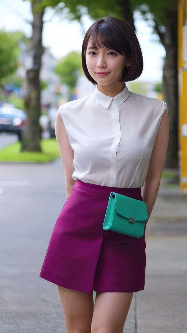 (1 woman),beauty,Beautiful Face,smile,(office lady suit:1.2),(open clothes,front open shirt,mini skirt)A dignified appearance,Plump Style,(big breasts:1.3)、(Peeking into this、Front view),Focus on the chest,Ultra-realistic,Ultra-high resolution,highest quality,8k,masterpiece,(random time,office)、The cutest Yoshioka Riho,(short bob hair:1.3),(portrait:1.2),(nipple stand:1.2),(arms behind back:1.4),standing,