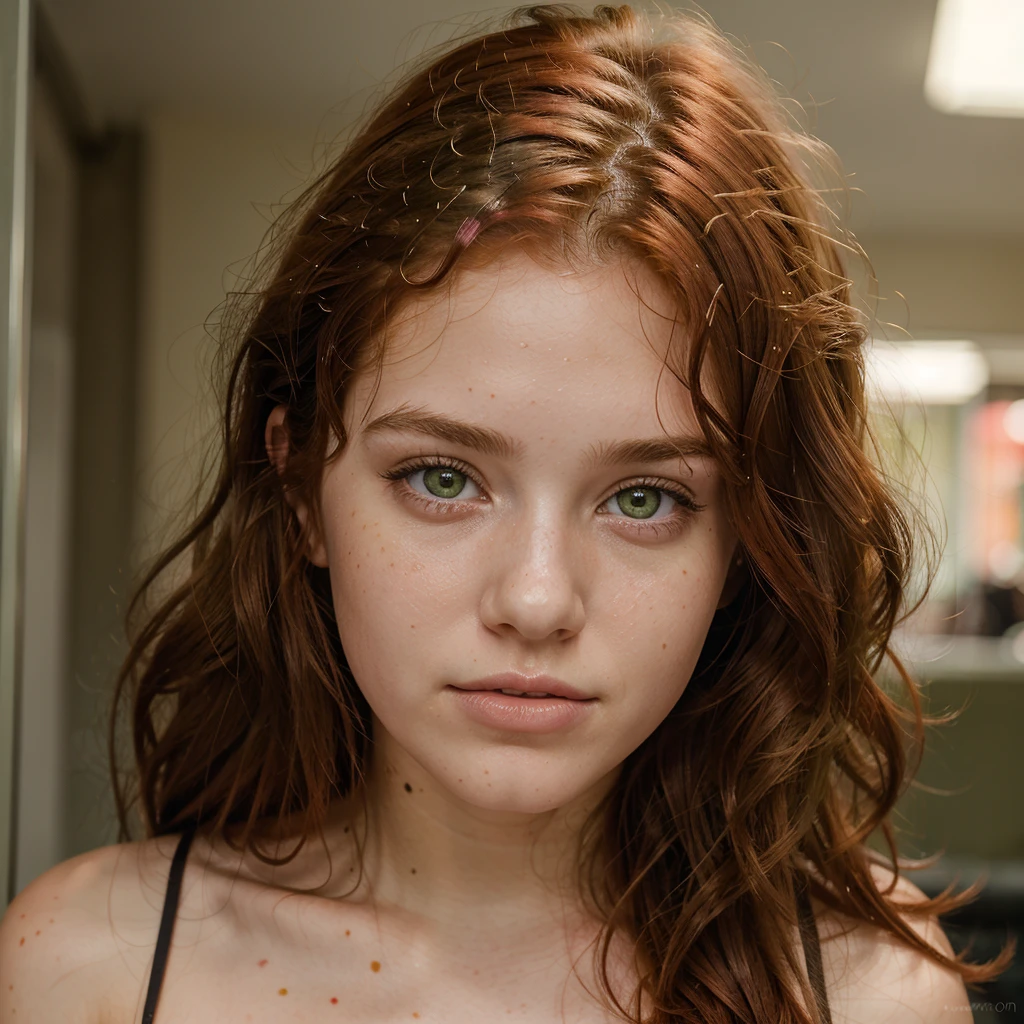 1 girl, 19 years old, redhead, olive green eyes, parts, splattered nose, wavy hair, pink lips 