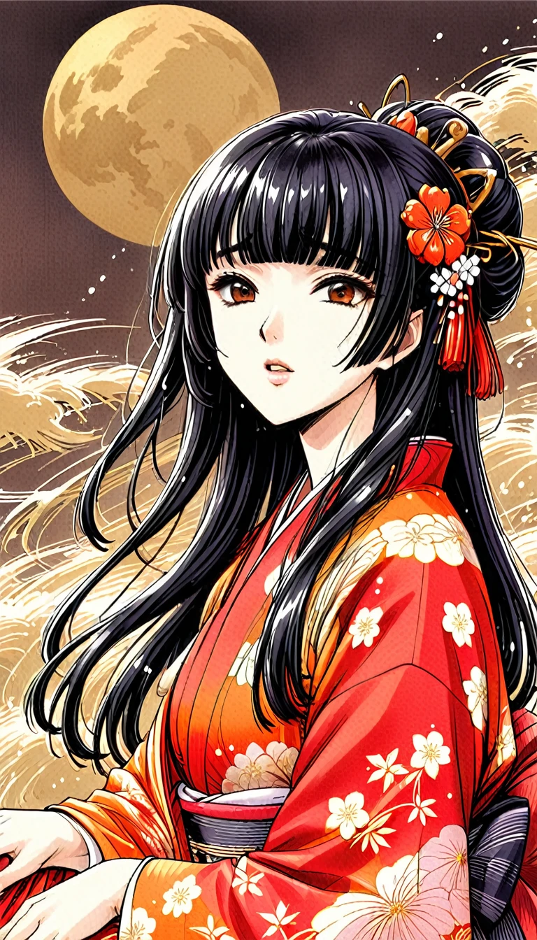 Close-up of a woman with black straight hime cut hair wearing a red and orange dress, Red kimono with flower patterns, From the Sengoku period, Long and beautiful kimono, Flowing hair and long, super shiny robes, Red kimono, Japanese Kimono, Wearing Imperial Kimono, Wearing kimono and armor, In kimono, Safety, kimono, Hakama kimono, Inspired by Fujiwara Takanobu, pale and colouRed kimono　She was fucked hard by the lord on the futon