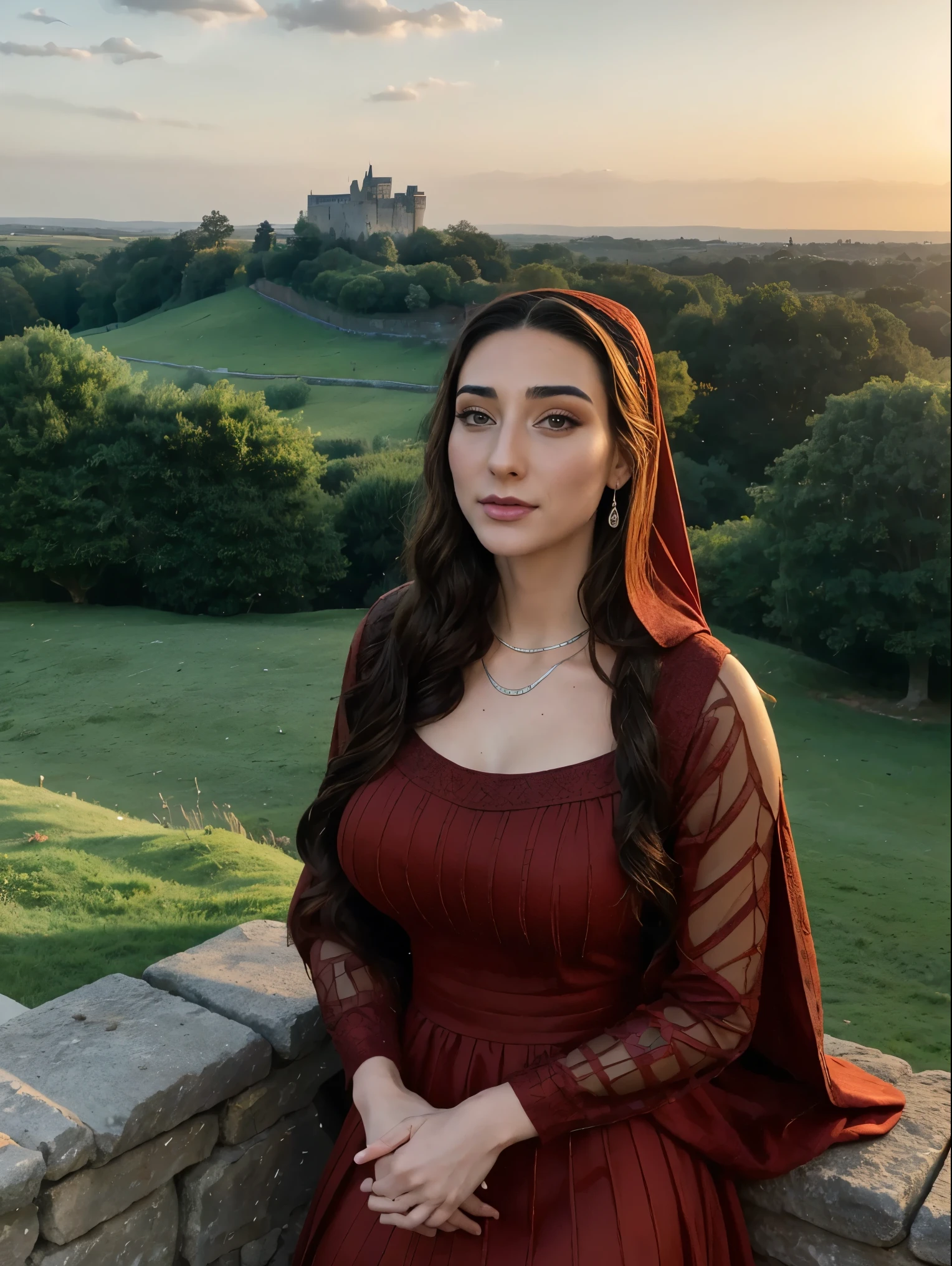 Beautiful and regal, imperious and aloof, busty athletic (thin) brunette queen with sharp facial features wearing a modest updo, dark red medieval dress, long sleeves, intricate patterns, embroidery, wide neck, crown, veil, long dress, modest dress, tight bodice, (silver waist chain), medieval jewelry, Middle Ages, castle, rampart, wall, exterior, on top of a castle wall, trees, countryside, evening, sunset.