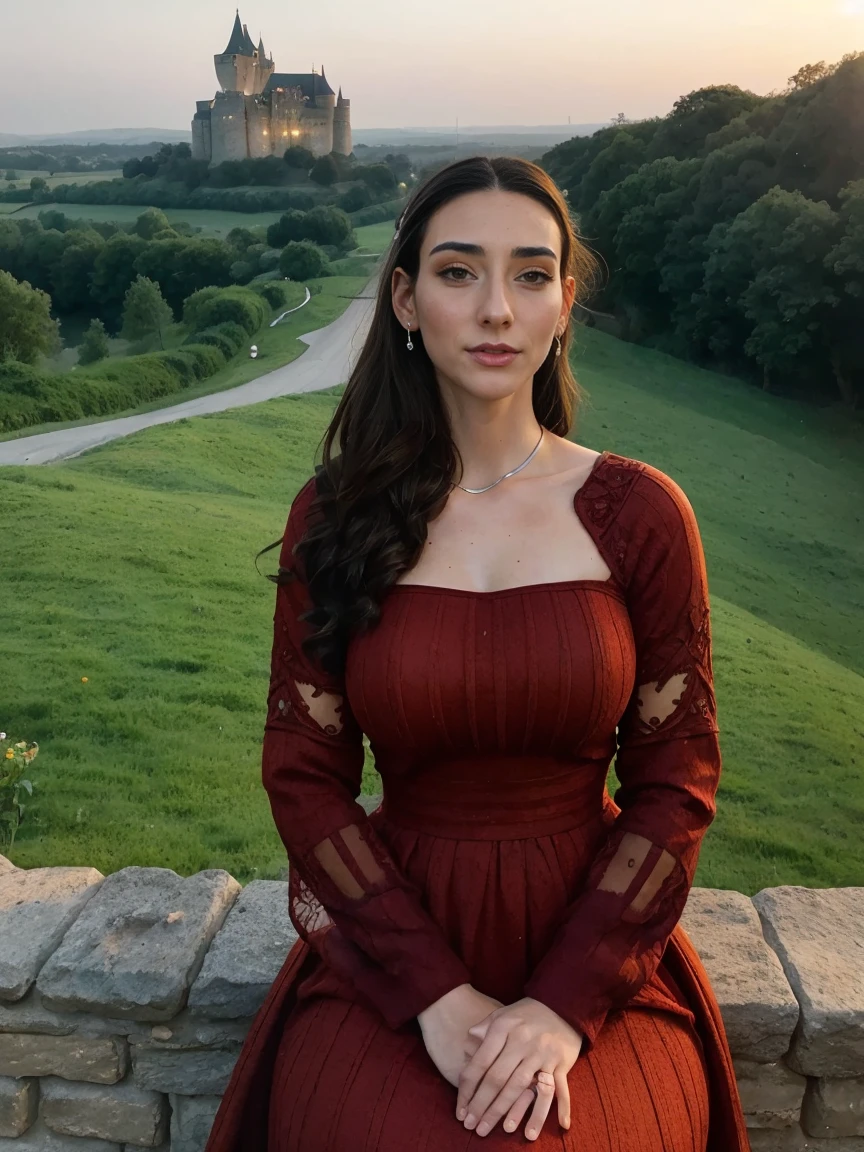 Beautiful and regal, imperious and aloof, busty athletic (thin) brunette queen with sharp facial features wearing a modest updo, dark red medieval dress, long sleeves, intricate patterns, embroidery, wide neck, crown, veil, long dress, modest dress, tight bodice, (silver waist chain), medieval jewelry, Middle Ages, castle, rampart, wall, exterior, on top of a castle wall, trees, countryside, evening, sunset.