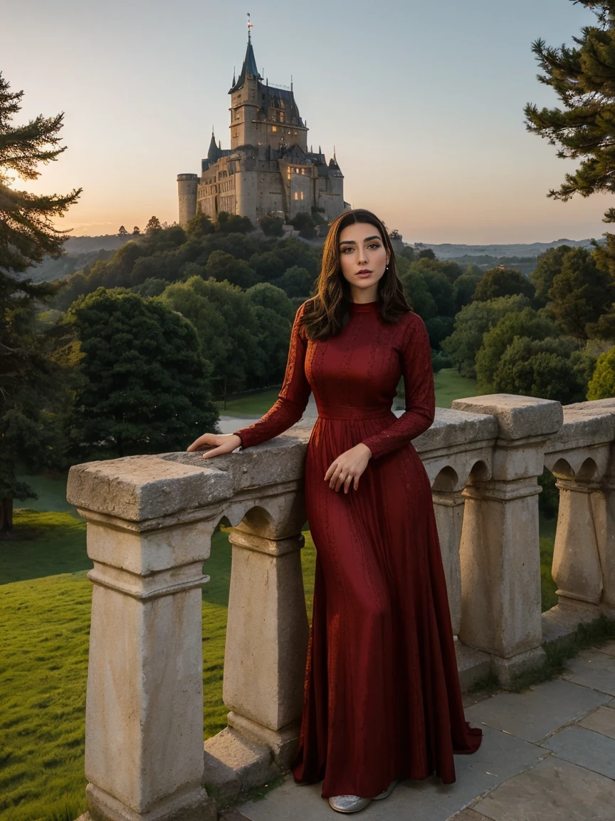 Beautiful and regal, imperious and aloof, busty athletic (thin) brunette queen with sharp facial features wearing a modest updo, dark red medieval dress, long sleeves, intricate patterns, embroidery, wide neck, crown, veil, long dress, modest dress, tight bodice, (silver waist chain), medieval jewelry, Middle Ages, castle, rampart, wall, exterior, on top of a castle wall, trees, countryside, evening, sunset.