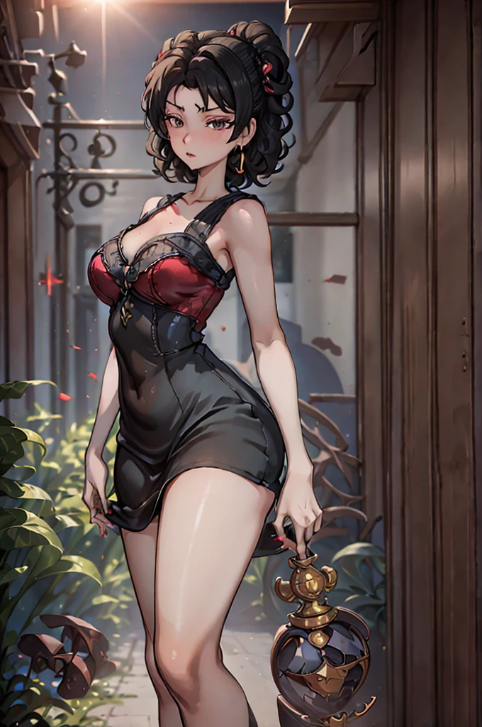 (8K HDR photorealistic pic), Betty Boop, short, althetic, curvy lady, ((tight little red dress)), dark eyebrows, black lipstick, (hoop earrings), dark eyeshadow, black lipstick, curvy, busty, (curly short black hair), shortstack, (retroussé breasts), darling figure, (supple pouting breasts), firm thighs, hourglass figure, kerchief, big brown eyes, dancing seductively