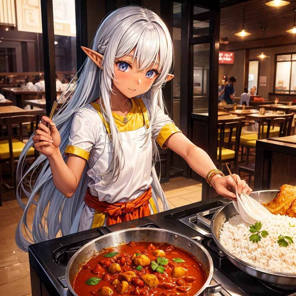 Making curry at a curry restaurant A brown-skinned elf with long silver hair
