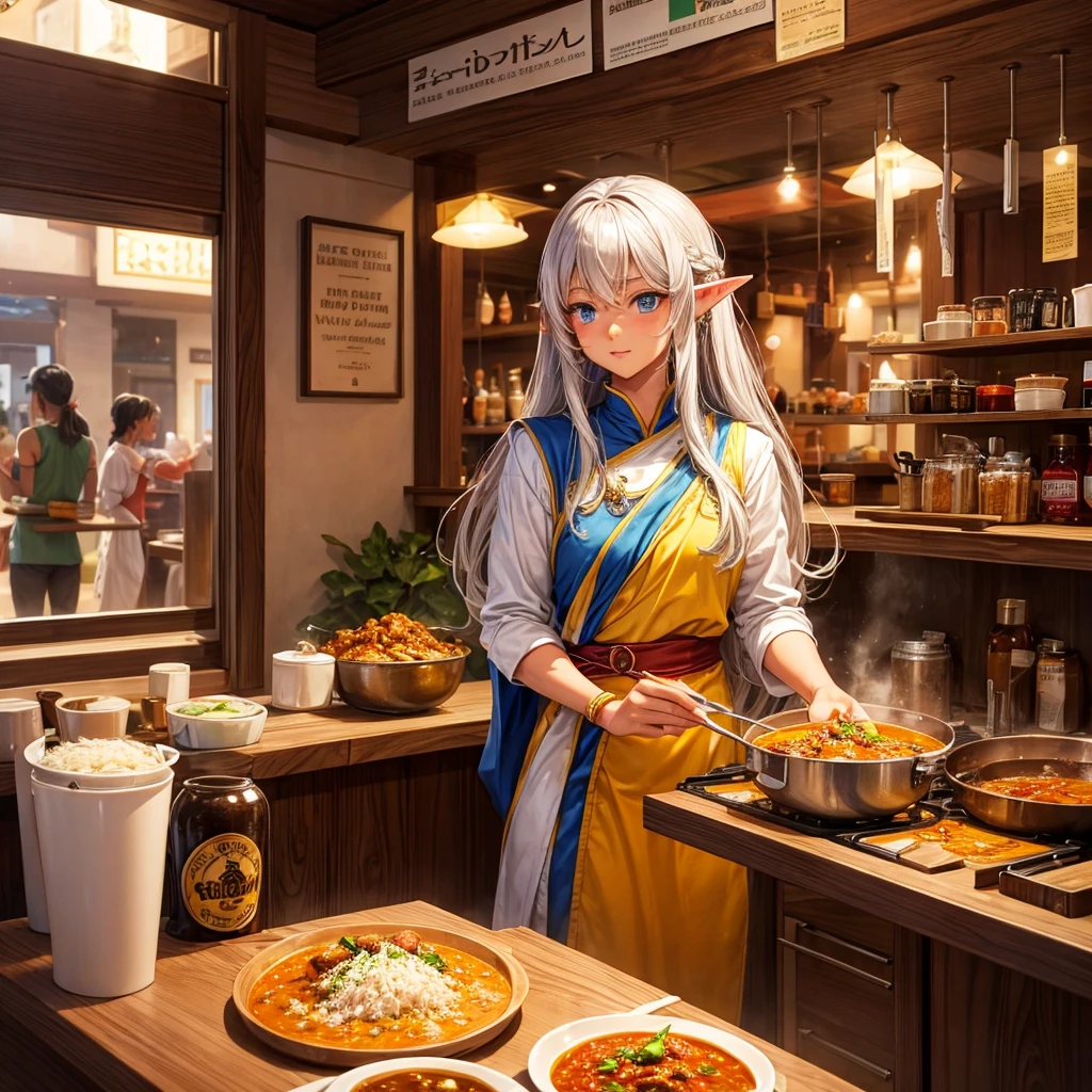 Making curry at a curry restaurant　A brown-skinned elf with long silver hair　