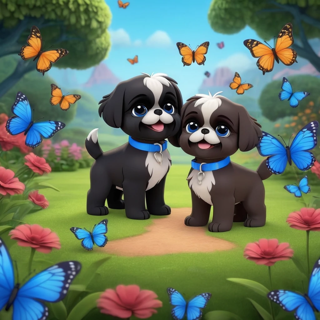 2 adorable small shih black shih tzu puppies wearing blue collars with bright blue eyes playing in park butterflies and flowes in background 3D Pixar style