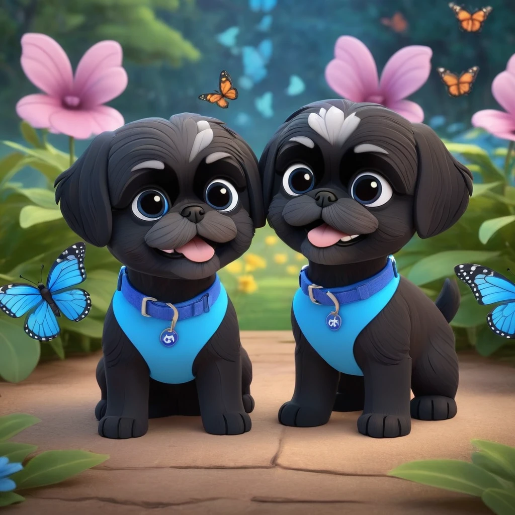 2 adorable small shih black shih tzu puppies wearing blue collars with bright blue eyes playing in park butterflies and flowes in background  3D Pixar style