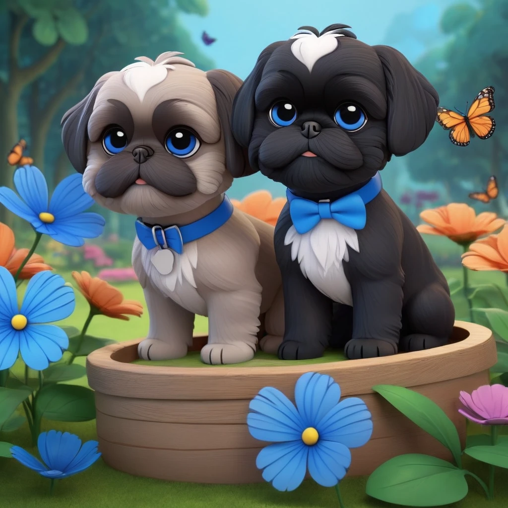 2 adorable small shih black shih tzu puppies wearing blue collars with bright blue eyes playing in park butterflies and flowes in background  3D Pixar style