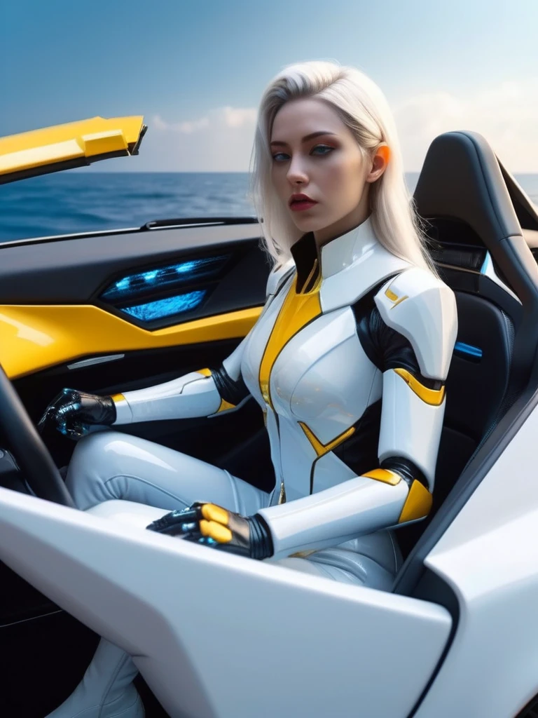 ral-opal, meahophontron, cyberpunk demonio, (White suit, blue, brown, gray, yellow) With futuristic armor, (along with a super sports car) colores bluees, black, grayes con tononalidades suaves, background image: (driving through the sea) (photo where she is seen sitting in the car with the door open) light tones