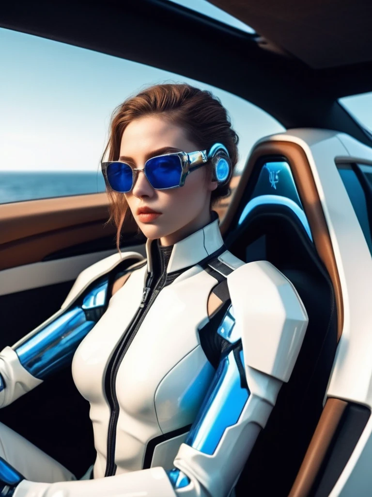ral-opal, meahophontron, cyberpunk demonio, (White suit, blue, brown, gray, yellow) With futuristic armor, (along with a super sports car) colores bluees, black, grayes con tononalidades suaves, background image: (driving through the sea) (photo where she is seen sitting in the car with the door open) light tones