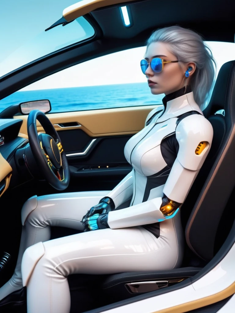 ral-opal, meahophontron, cyberpunk demonio, (White suit, blue, brown, gray, yellow) With futuristic armor, (along with a super sports car) colores bluees, black, grayes con tononalidades suaves, background image: (driving through the sea) (photo where she is seen sitting in the car with the door open) light tones