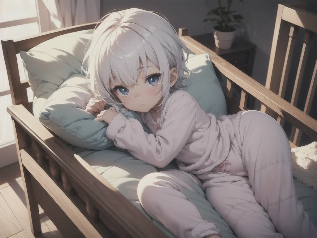 an anime image of a small boy with white hair wearing a thick  underneath a onesie pajama, sleeping in a crib, (1boy), masterpiece, extremely detailed, beautiful eyes, sharp focus, vivid colors, studio lighting, intricate details, soft textures, cozy atmosphere