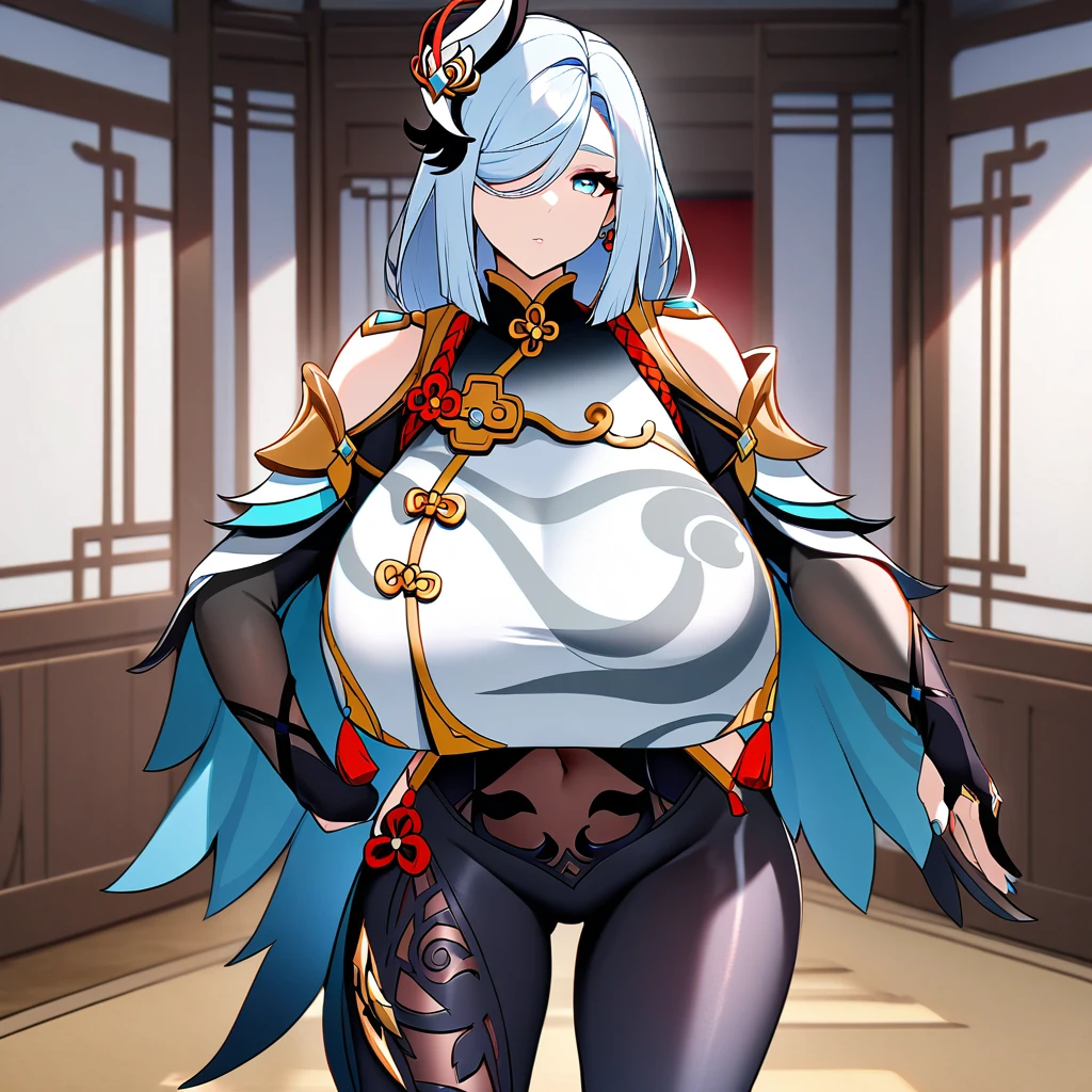 Shenhe(genshin impact),1girl,solo,super huge breasts,looking at viewer,near,standing up,in room