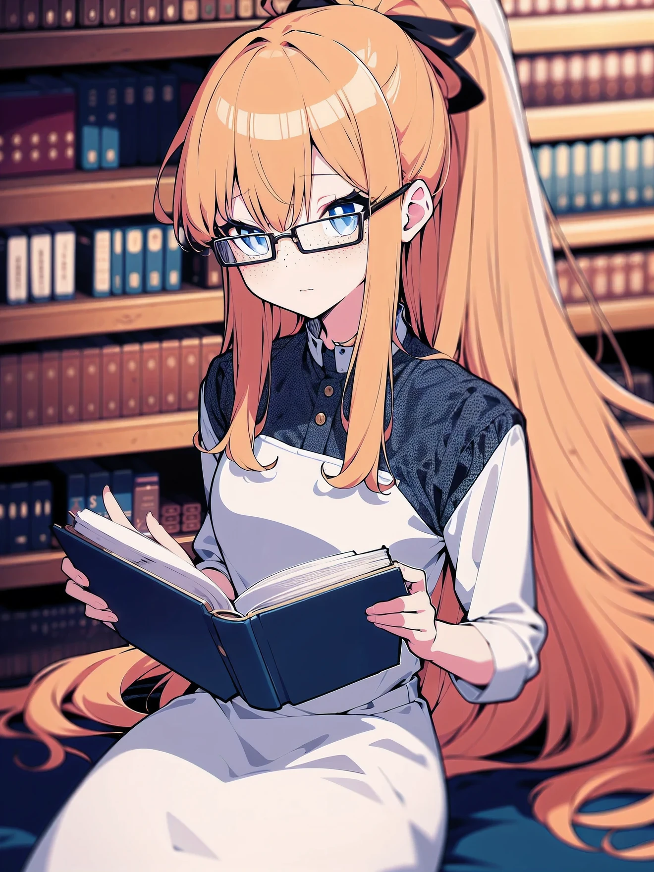 cowboy shot, colorful, (best quality, ultra-high resolution, depth of field:1.2), 1woman, light orange hair, long straight hair, ponytail, dark blue eyes, freckles, slender build, white dress, glasses, (library background), focused and serene, sitting, reading a book