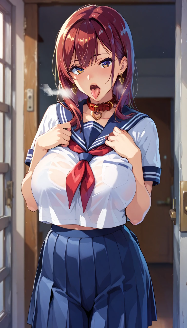 (masterpiece, best quality, ultra-detailed, high resolution, detailed eyes), takeda hiromitsu style, {{{1mature female}}}, (40 years old), (school girl uniform, sailor), curvy body, large breast, (makeup:1.0), big eyes, earrings, pet collar, embarrassed, (open mouth:1.4), (tongue out:1.4), (breath:1.3), looking at viewer