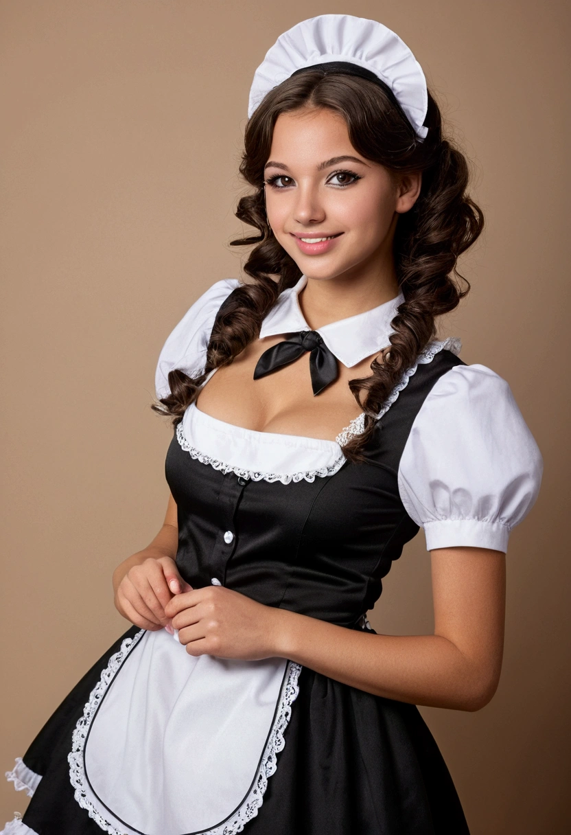 realistic photo of a (pretty girl, 21 years old, brunette, black eyes) as french maid, (full lips) , ((perfect face)), [[mild smile]], proportionate body,mixed herritage, beautyfull, beautyfull face, tanned skin, casual club clothing, two arms, two legs, five fingers by hand, (curly black long hair), sexy french maid costume, short costume, photo taken for back , (award winning photo), (instagram influencer photo), (realistic), nikon, canon, Sigma 85mm f/8
