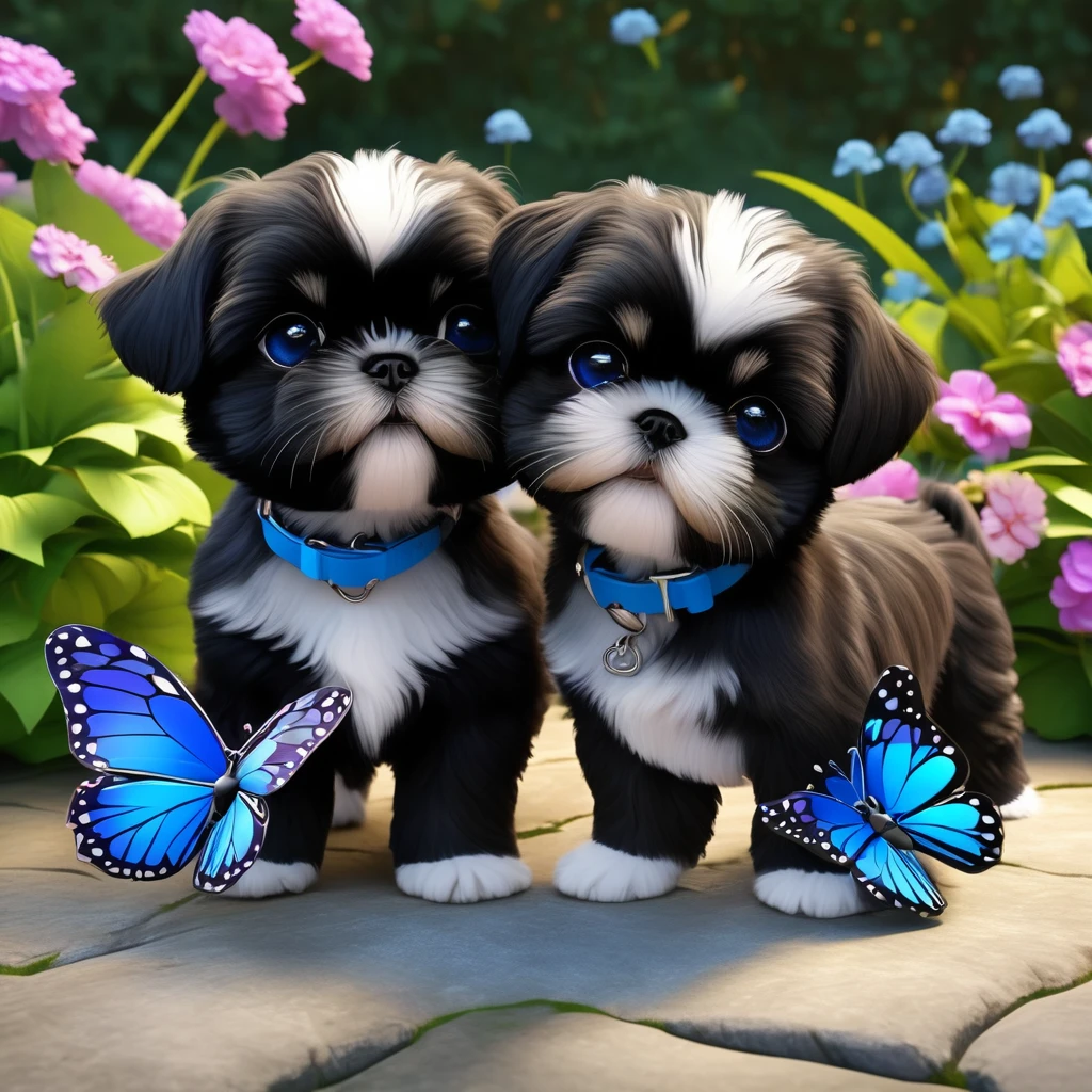 2 adorable small shih black shih tzu puppies wearing blue collars with bright blue eyes playing in park butterflies and flowes in background 3D Pixar style
