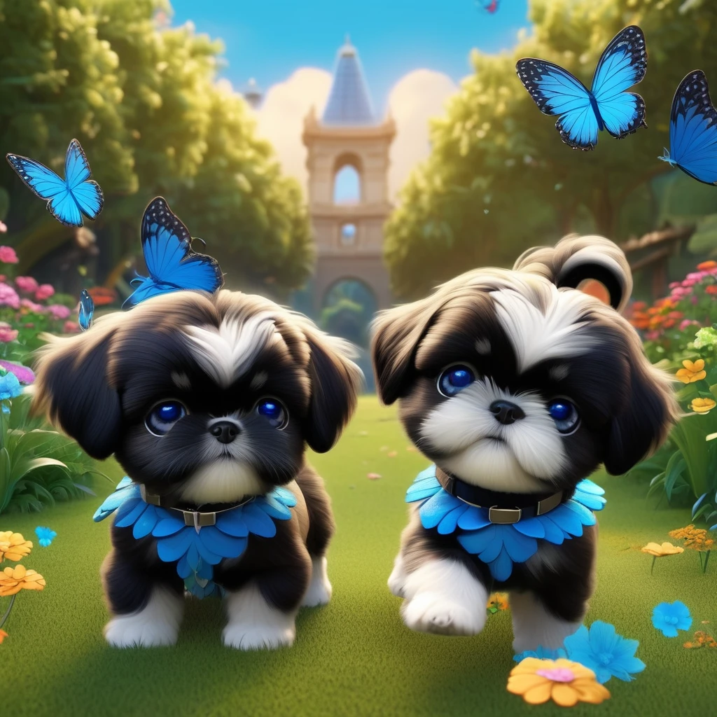 2 adorable small shih black shih tzu puppies wearing blue collars with bright blue eyes playing in park butterflies and flowes in background 3D Pixar style