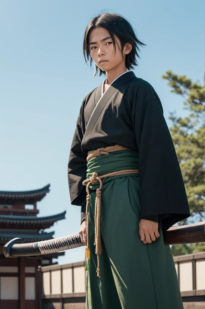  boy, indigenous skin, slickedback hair, blackw, traditional japanese clothing, green in color, sky blue eyes, katana on the waist.