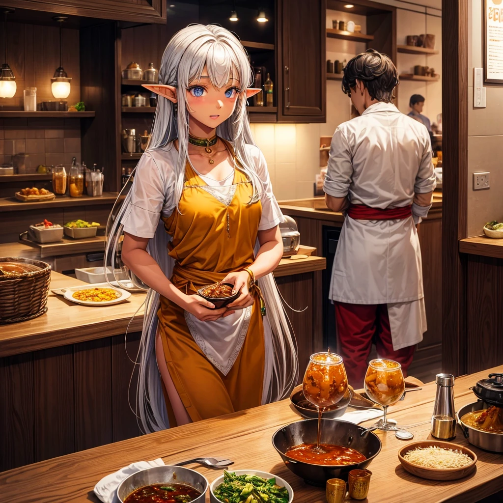 Making curry at a curry restaurant　A brown-skinned elf with long silver hair　