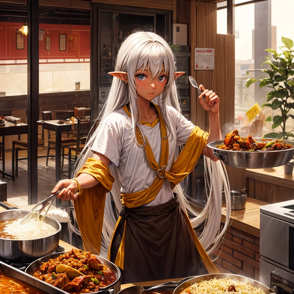 Making curry at a curry restaurant　A brown-skinned elf with long silver hair　
