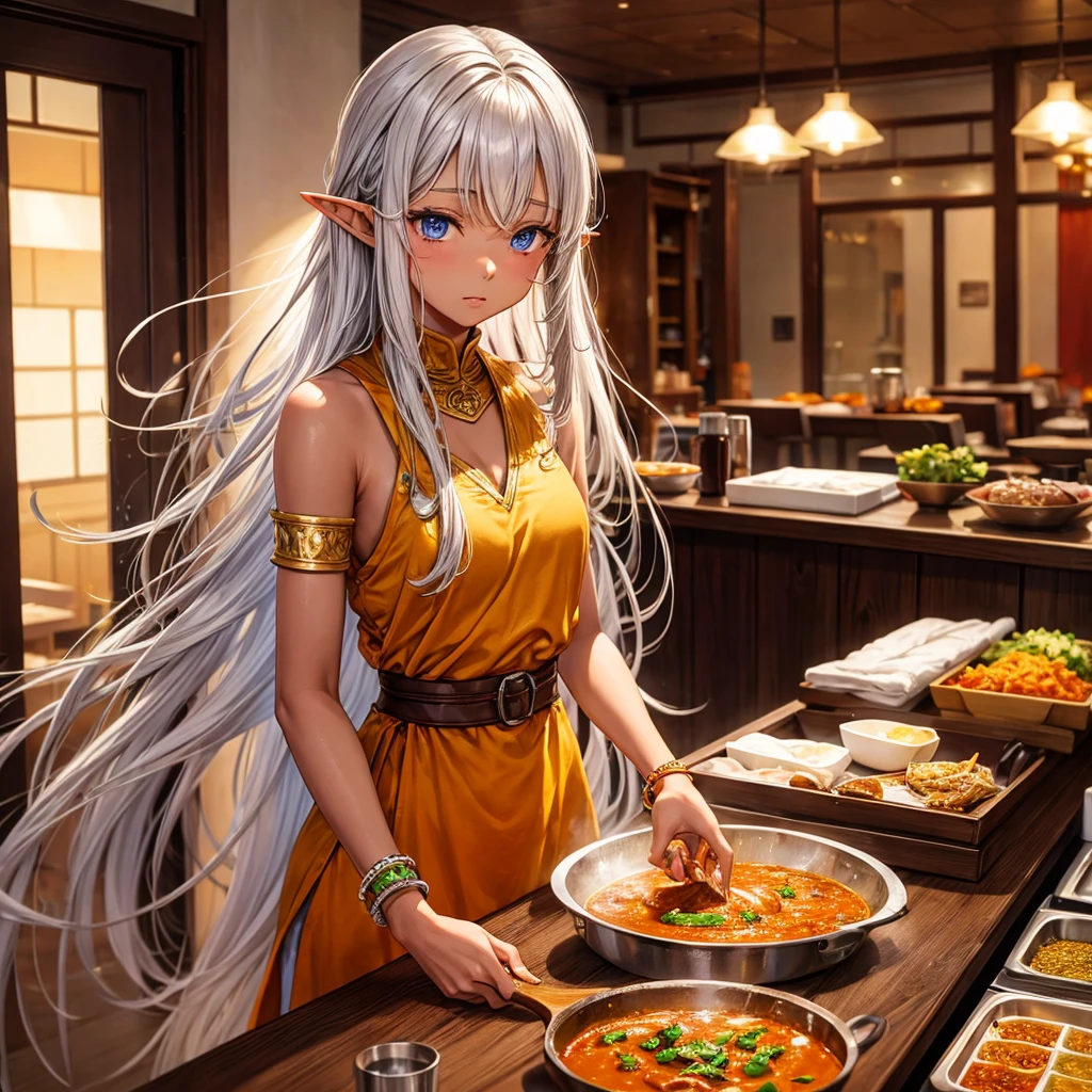 Making curry at a curry restaurant A brown-skinned elf with long silver hair