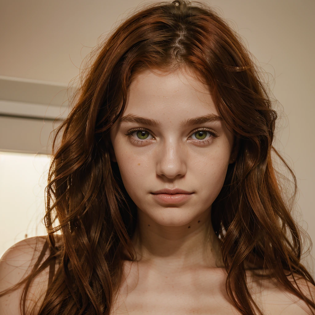 1 girl, 19 years old, carrot red hair, olive green eyes, parts, thin, upturned nose, wavy hair, pink lips