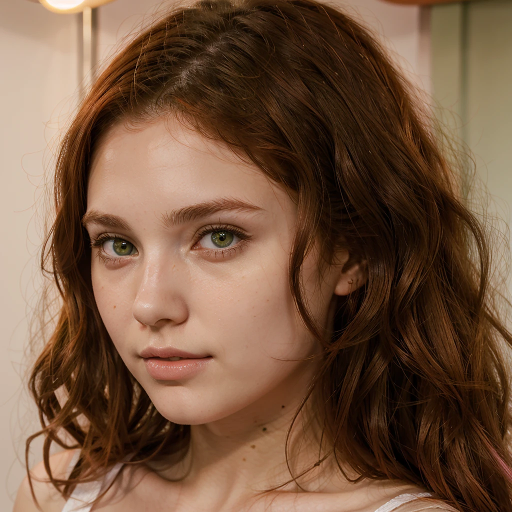 1 girl, 19 years old, carrot red hair, olive green eyes, parts, thin, upturned nose, wavy hair, pink lips
