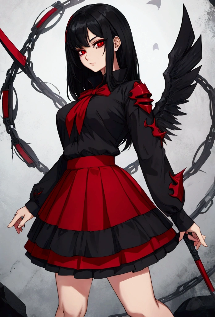 black hair red eyes skirt