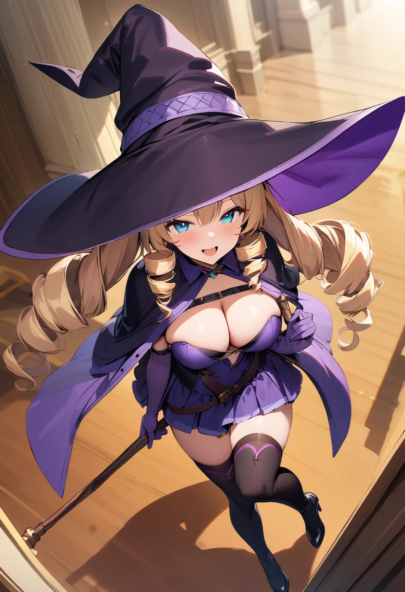 (masterpiece),(best quality),(ultra-detailed),(best illustration),(best shadow),(absurdres),(detailed background),(very aesthetic),1girl, solo, hat, blonde-hair, drill-hair, gloves, breasts, blue-eyes, witch-hat, thigh-boots, thighhighs, boots, elbow-gloves, open-mouth, staff, purple-headwear, smile, dress, full-body, simple-background, cleavage, large-breasts, looking-at-viewer, purple-dress, very-long-hair, purple-gloves, holding, purple-footwear, wand standing-on-one-leg, twin-drills, holding-staff, witch, black-footwear, puffy-sleeves
