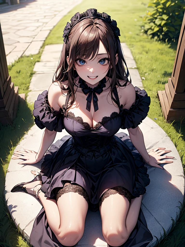 (Biologically correct limb count)、Full body, including face、4K、masterpiece、Focus on the face、Well-proportioned facial features、Delicate descriptive eyes、One beautiful woman、Excellent style、(Blue Gothic ta)、(Grin)、look up、Photos with white borders、Looking into the camera、Park lawn、