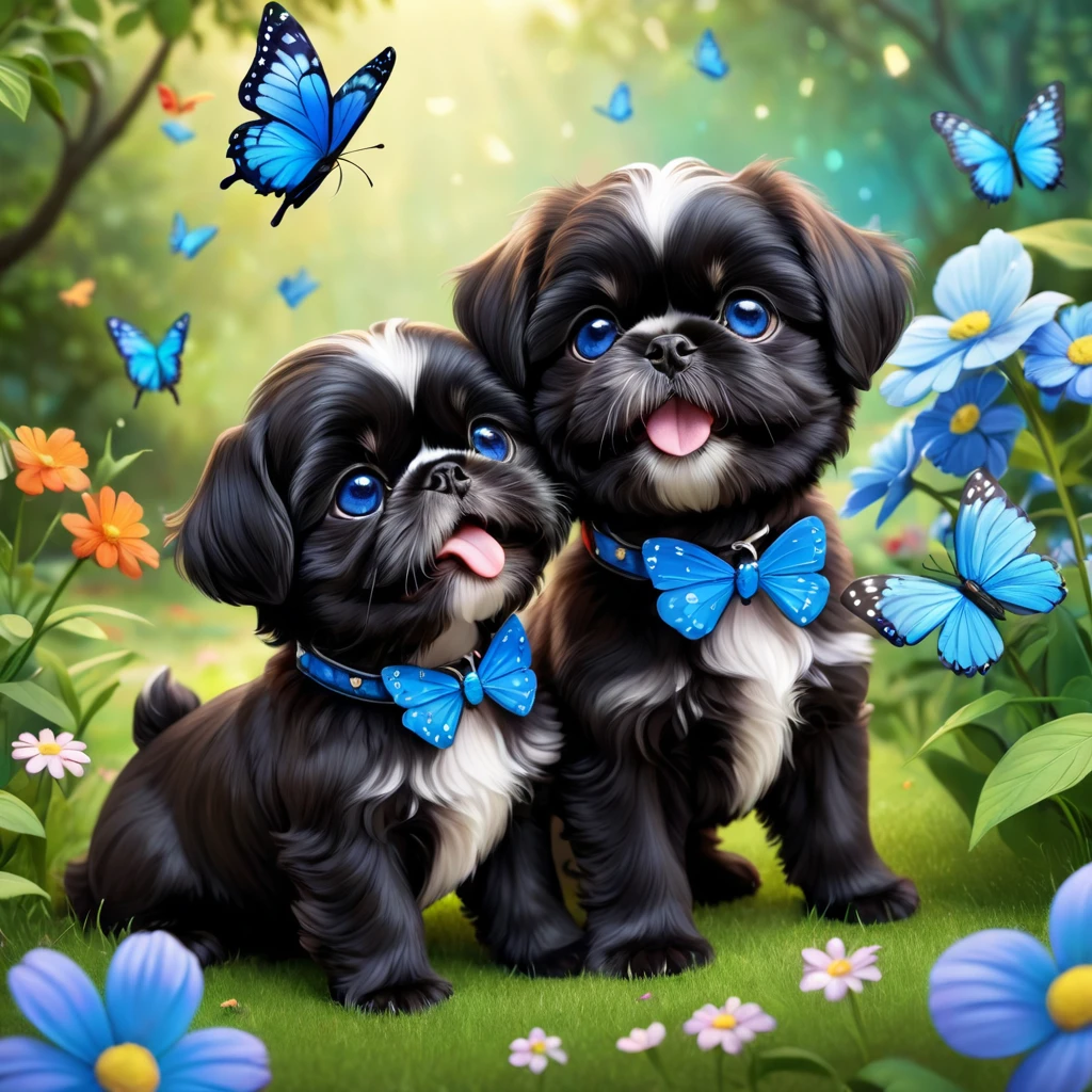 2 adorable small shih black shih tzu puppies wearing blue collars with bright blue eyes playing in park butterflies and flowes in background  3D Pixar style
