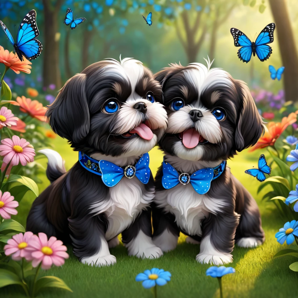 2 adorable small shih black shih tzu puppies wearing blue collars with bright blue eyes playing in park butterflies and flowes in background 3D Pixar style