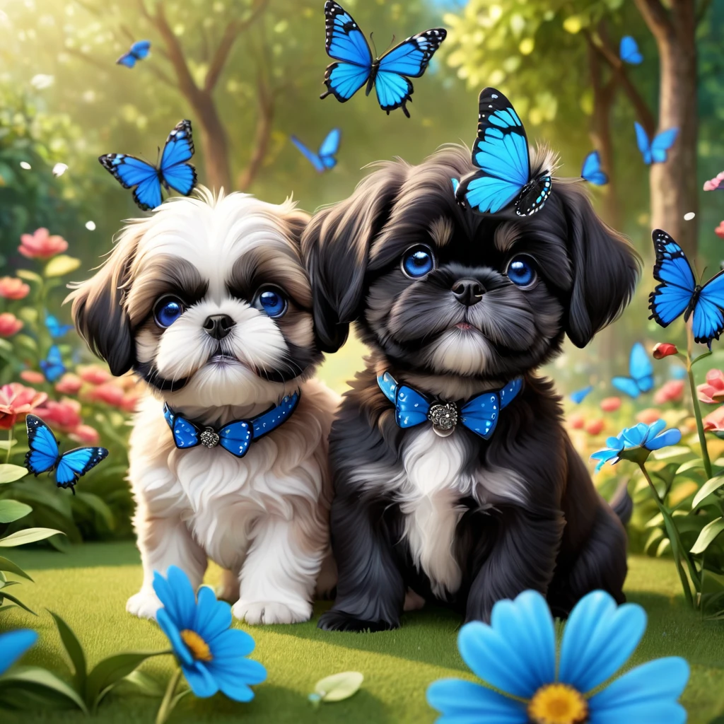 2 adorable small shih black shih tzu puppies wearing blue collars with bright blue eyes playing in park butterflies and flowes in background  3D Pixar style