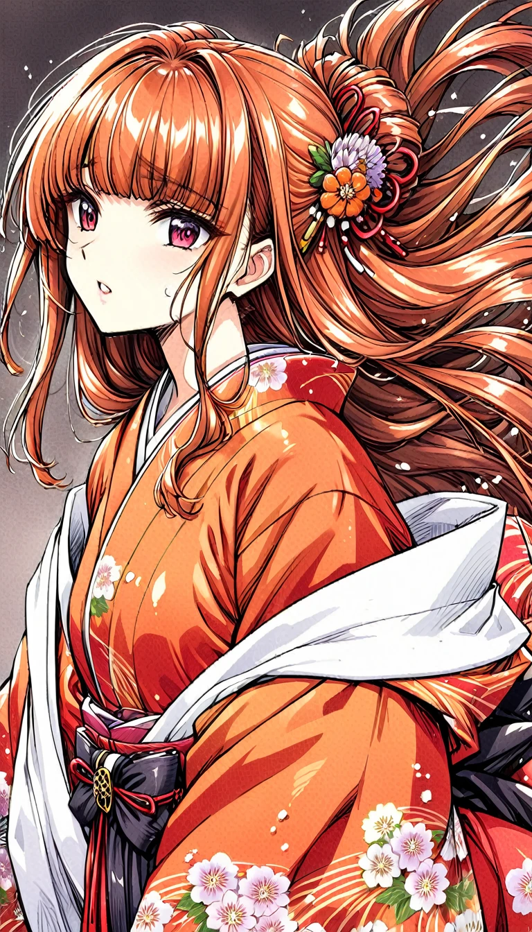 Close-up of a woman with black straight hime cut hair wearing a red and orange dress, Red kimono with flower patterns, From the Sengoku period, Long and beautiful kimono, Flowing hair and long, super shiny robes, Red kimono, Japanese Kimono, Wearing Imperial Kimono, Wearing kimono and armor, In kimono, Safety, kimono, Hakama kimono, Inspired by Fujiwara Takanobu, pale and colouRed kimono She was fucked hard by the lord on the futon