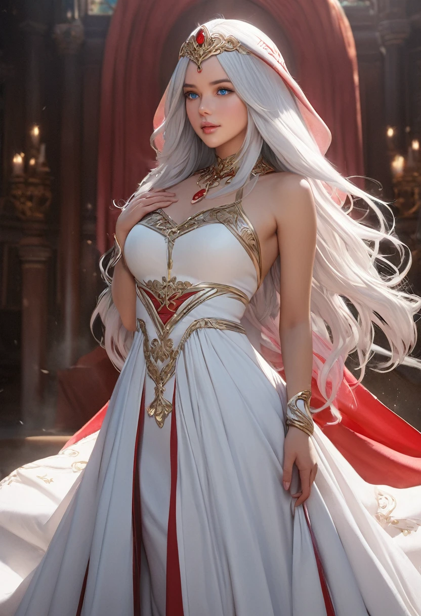 (best quality,4k,8k,highres,masterpiece:1.2), ultra-detailed, (realistic,photorealistic,photo-realistic:1.37),((Highly detailed CG Unity 8k wallpaper)), masterpiece, Super detailed, floating, High resolution, Sexually suggestive, (small, Extremely long white hair, Princess, White Mage, blue eyes, (It has long, wide sleeves and intricate embroidery. A gorgeous layered long dress in white and red with a sheer look), Bridal Veil, Circlet, Bridal Gauntlet, Blushing, shy, arched back, Frilled petticoat, Glamorous corset,