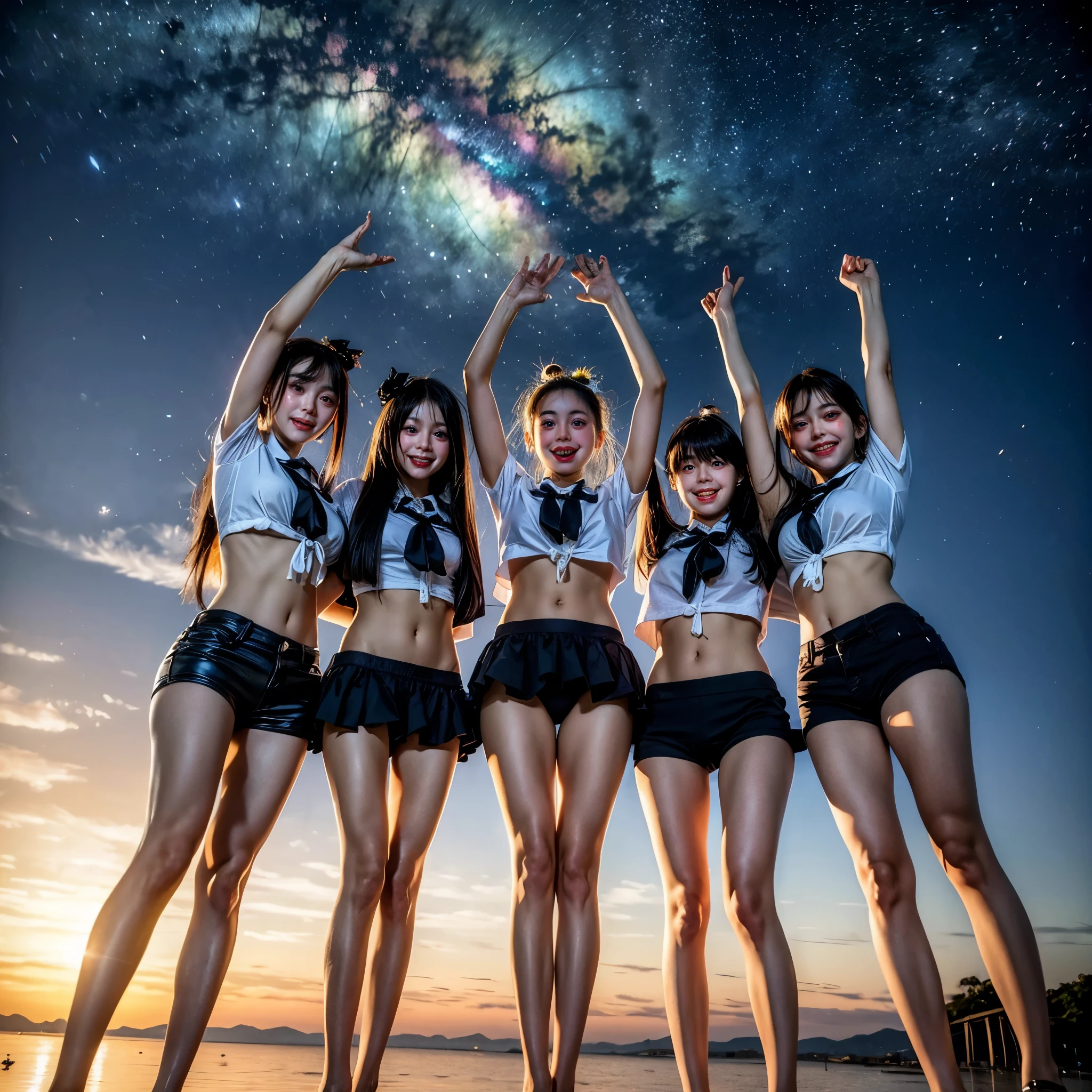 Masterpiece of ProfessionalPhoto ((ExtremelyDetailed (12 PICHIPICHI KAWAII Girls Floating in The Air in a row:1.37) in WHITE at Dusk Enoshima Beach)), {(Standing Full Body:1.2)|(from below:1.2)|Detailed KAWAII face}, Different types of hair colors, {(skinny(school swimwear))|(SchoolUniform)with Tiny AthleticShorts}, {(Corrected Childish hand)|Hidden hand|Different types of breasts|(Clearly Visible the shape of Butt)}, Joyful Expressions LifeLike Rendering, PerfectLighting, (Dazzling Horizon Visible through ThighGap), (Starry IridescentParticles:1.22) ColorfulClouds