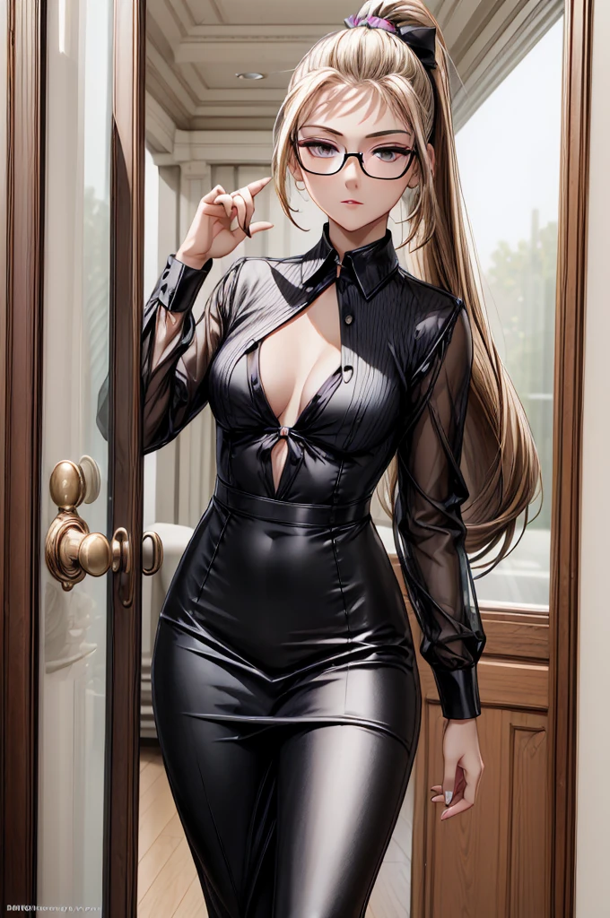 (masterpiece, best quality:1.2), detailed face, detailed eyes, elegant woman, long hair, high heeled, shiny skin, welcomes you at the door, dress shirt, pants, random collar, ponytail hair, cool attitude, cool glasses, exciting, cool, (perfect hands:1)