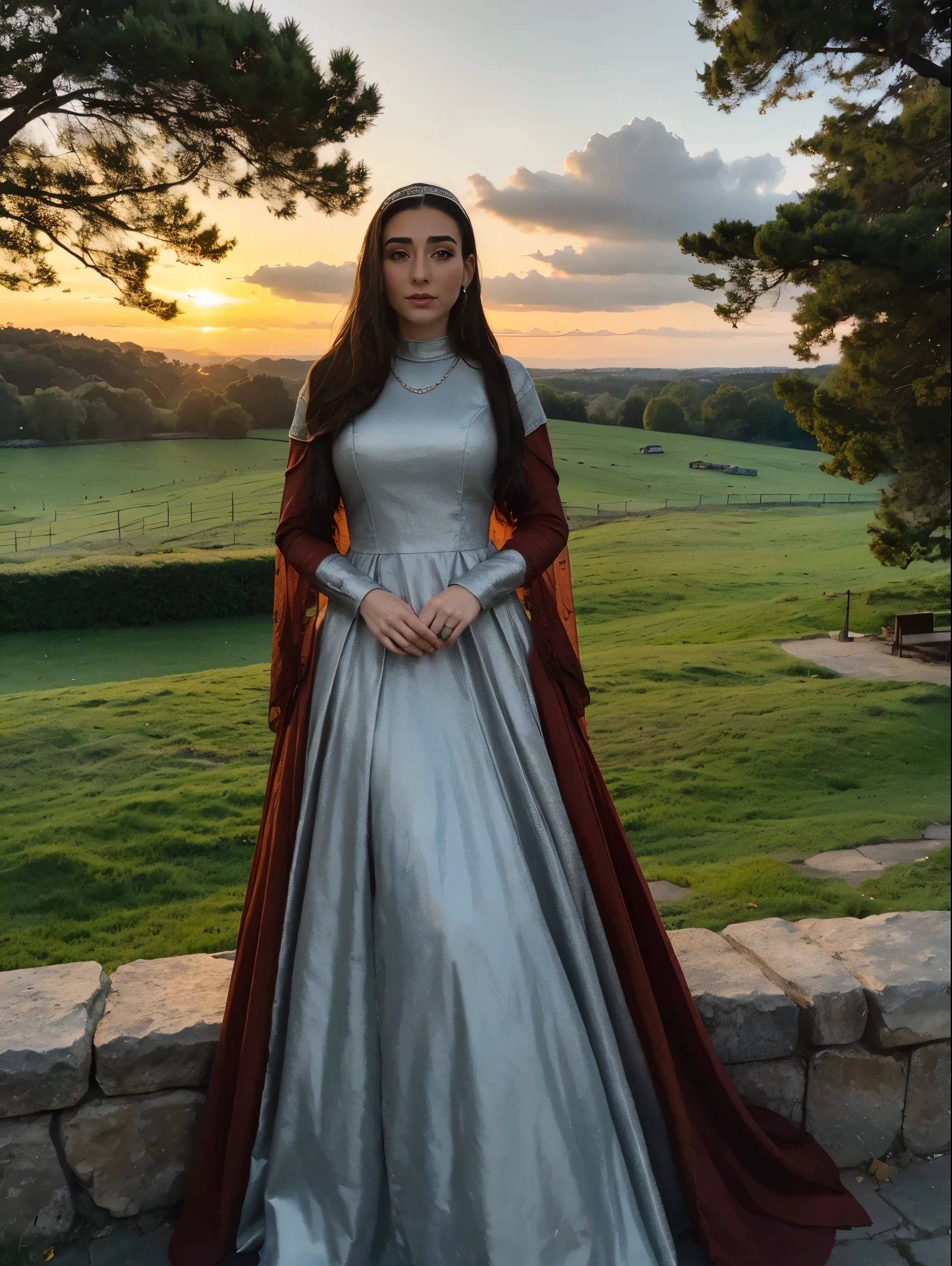 Beautiful and regal, imperious and aloof, busty athletic (thin) brunette queen with sharp facial features wearing a modest updo, dark red medieval dress, long sleeves, intricate patterns, embroidery, wide neck, crown, veil, long dress, tight bodice, (silver waist chain), medieval jewelry, Middle Ages, castle, rampart, wall, exterior, on top of a castle wall, trees, countryside, evening, sunset.