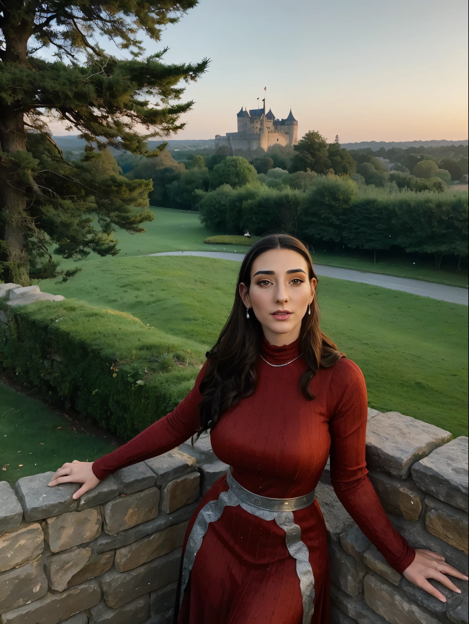 Beautiful and regal, imperious and aloof, busty athletic (thin) brunette queen with sharp facial features wearing a modest updo, dark red medieval dress, long sleeves, intricate patterns, embroidery, wide neck, crown, veil, long dress, tight bodice, (silver waist chain), medieval jewelry, Middle Ages, castle, rampart, wall, exterior, on top of a castle wall, trees, countryside, evening, sunset.