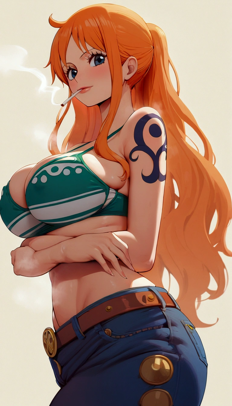 a cartoon picture of a woman in a bikini top and jeans, nami one piece, nami from one piece, nami, beautiful portrait of nami, from one piece, oppai, blue eyes, smoking, ponytail, nsfw